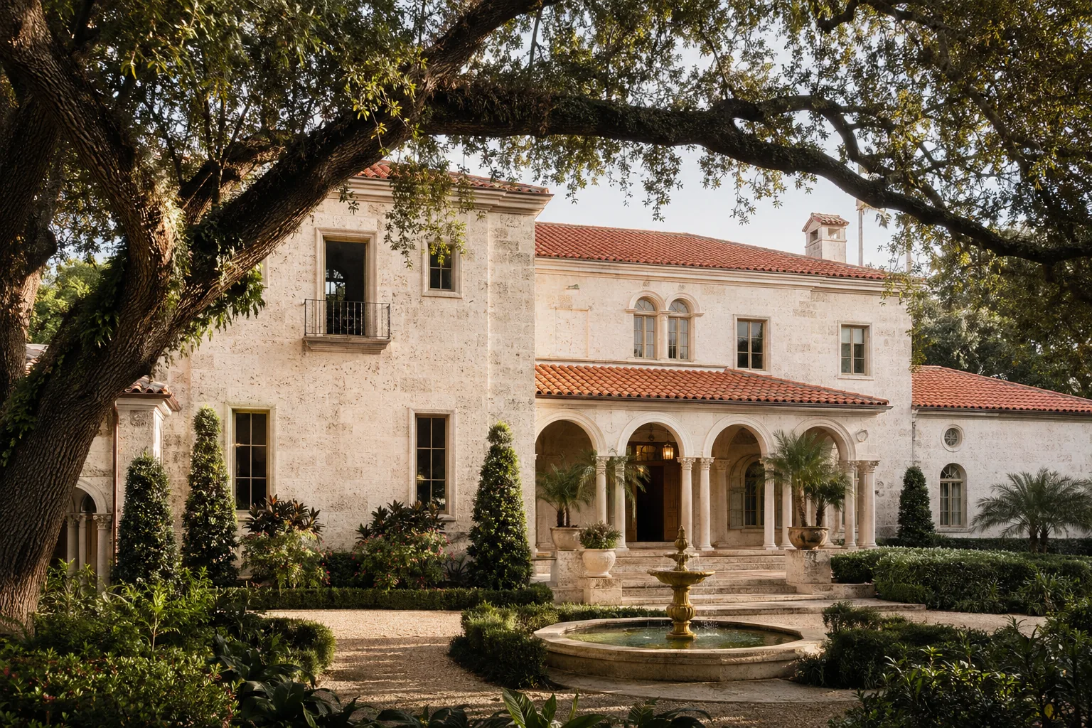 A Mediterranean-revival villa in Coral Gables with coral-stone walls, a barrel-tile roof and an arched loggia, framed by mature oaks and a fountain, soft late-afternoon light, no people in frame.