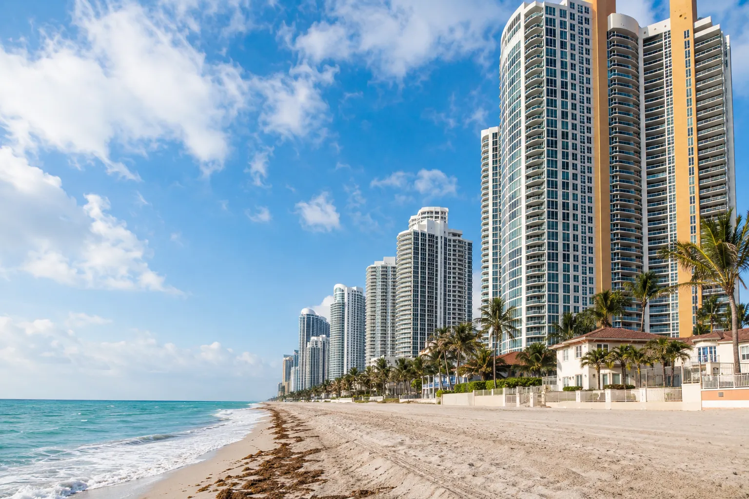 Sunny Isles oceanfront: high-rise corridor against the Atlantic at sunrise.